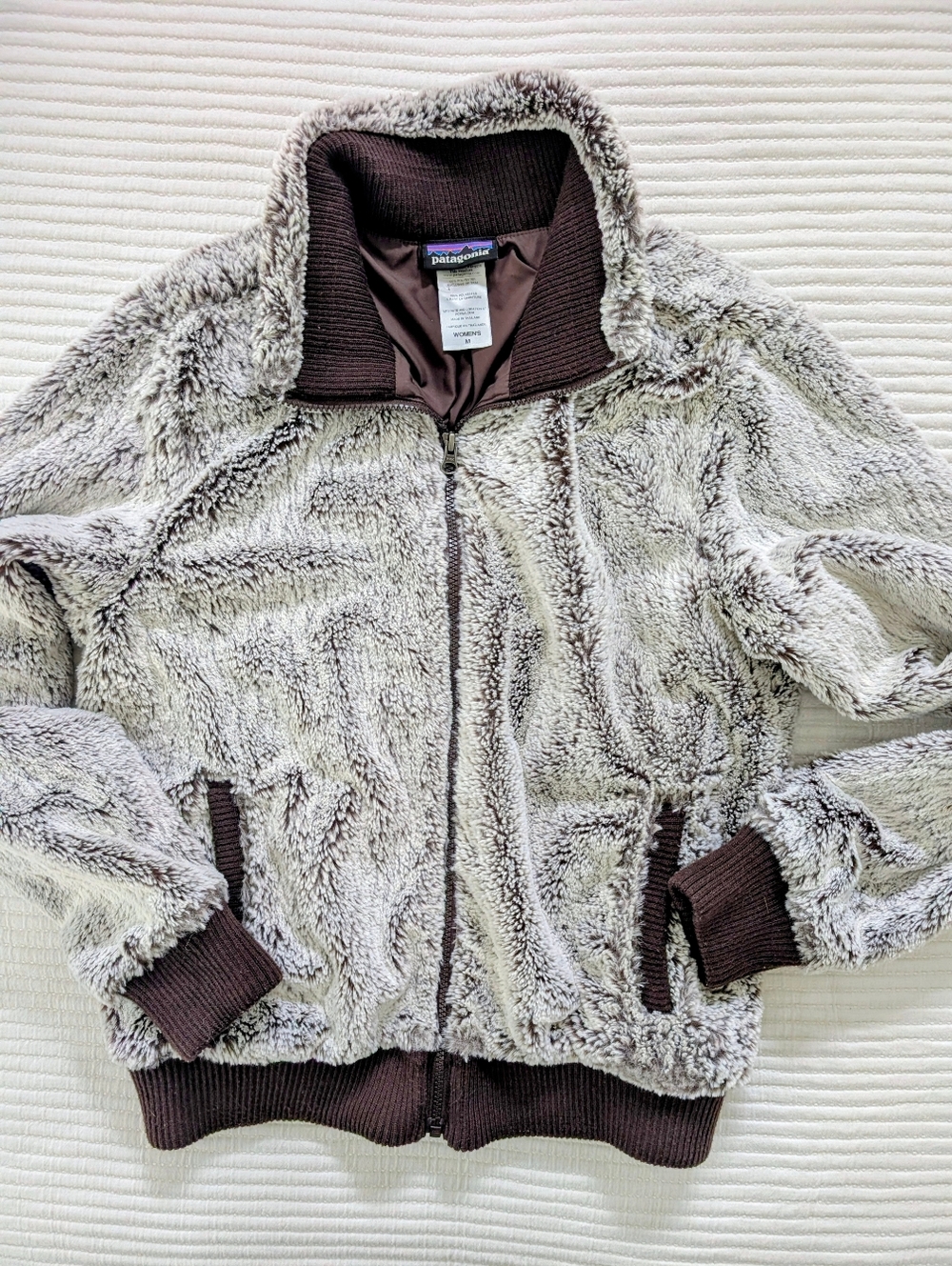 Patagonia Conejo Jacket Super Soft Fuzzy White Brown Womens Sz M Bomber